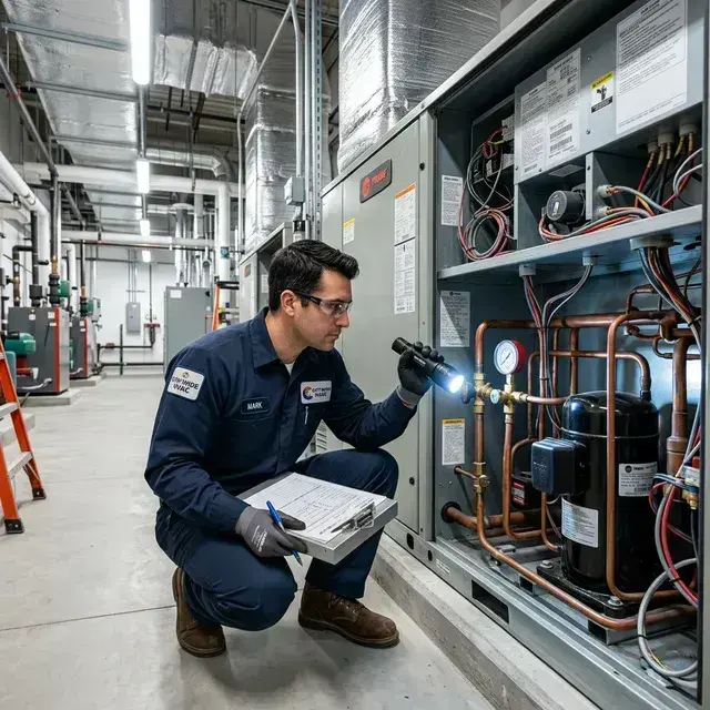 HVAC preventive maintenance technician inspecting industrial system